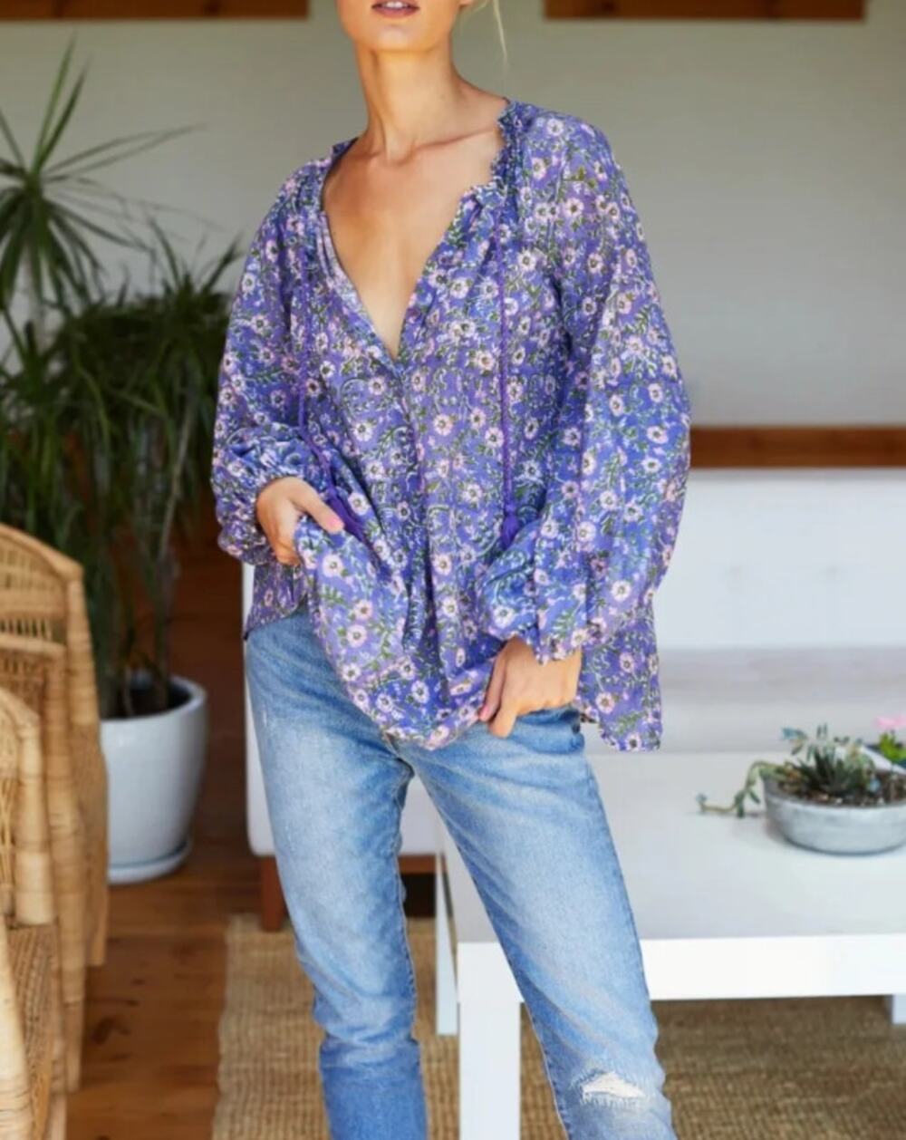 Emerson Fry Iris Wildflower Bardot Top Floral Blouse Purple Size Medium